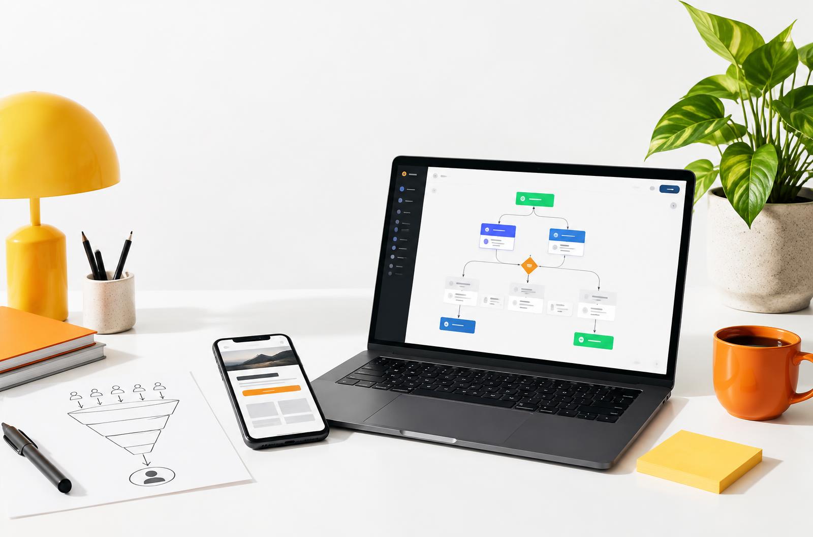 A laptop with an automation workflow beside a phone displaying a sample landing page